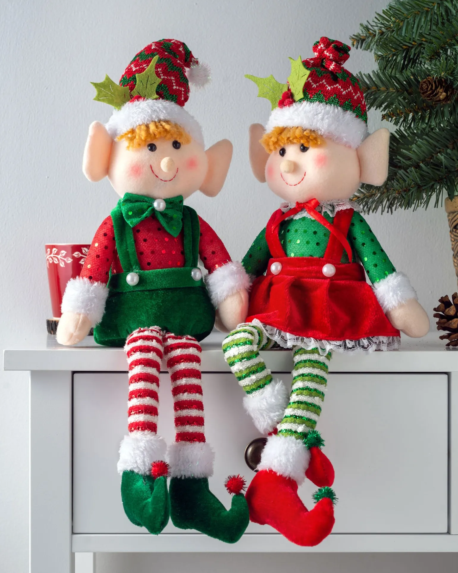Set Of 2 Sitting Elf Figurines, 46 Cm