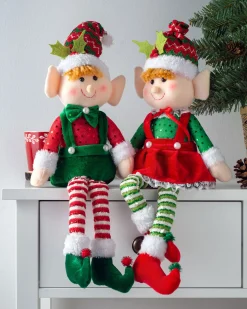 Set Of 2 Sitting Elf Figurines, 46 Cm
