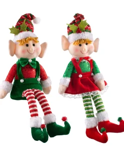 Set Of 2 Sitting Elf Figurines, 46 Cm