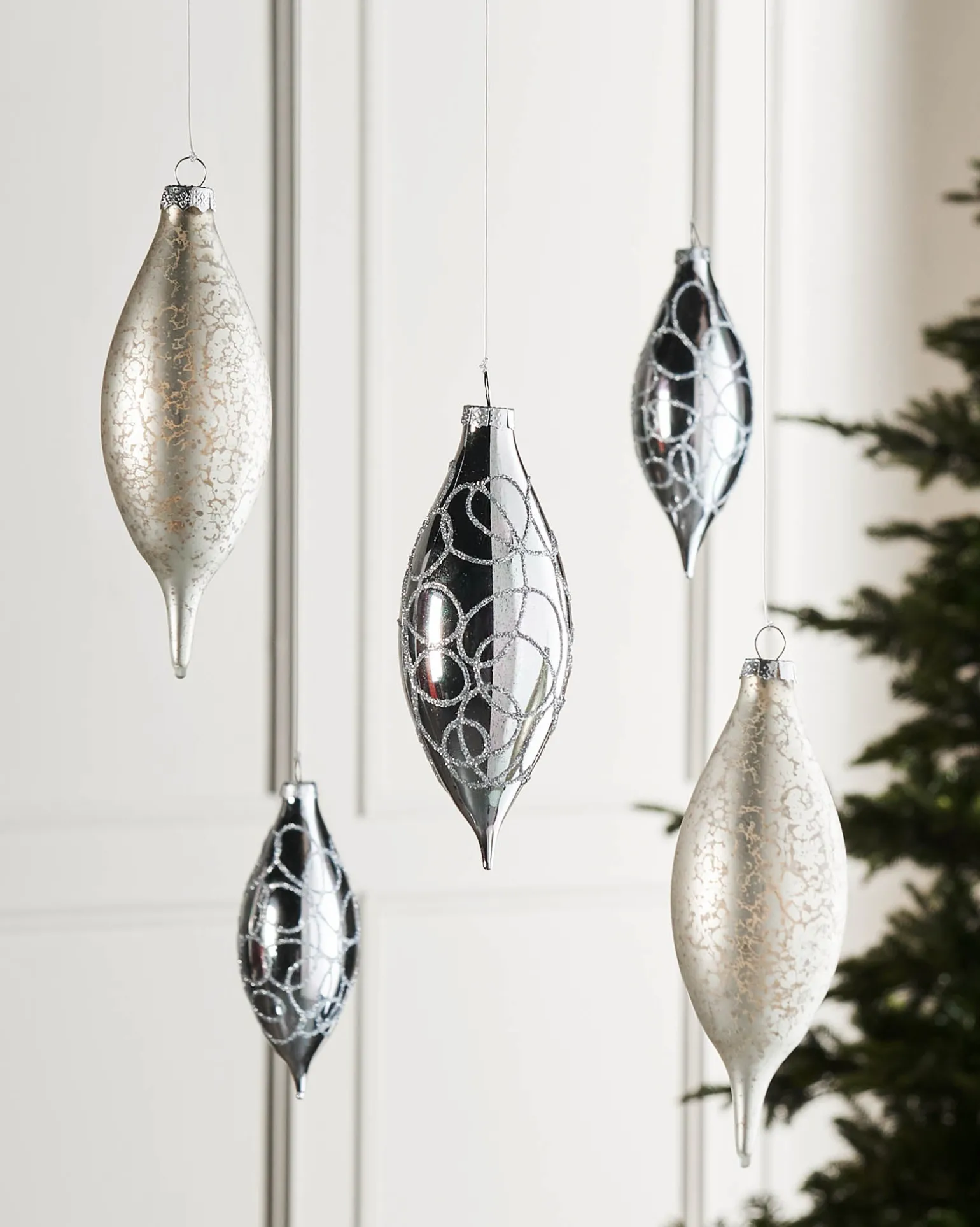 Silver Glass Baubles, 5 Pack, 15 Cm