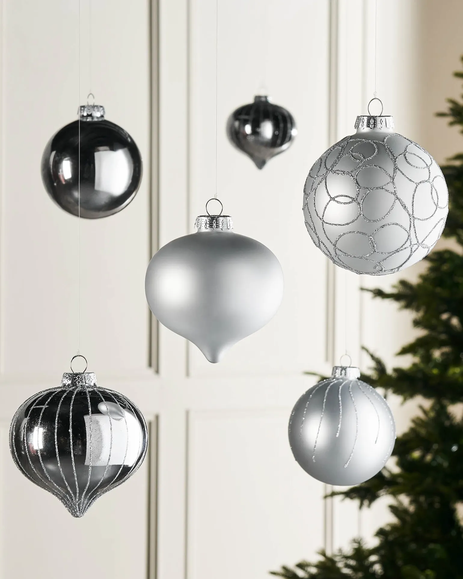 Silver Glass Baubles, 6 Pack, 10 Cm