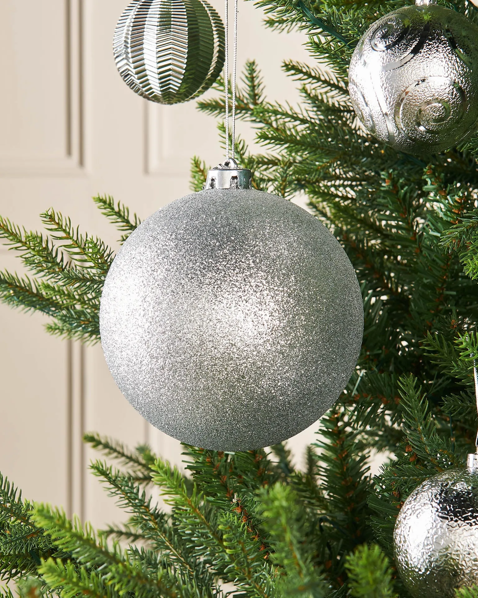 Silver Large Glitter Shatterproof Bauble, 15 Cm