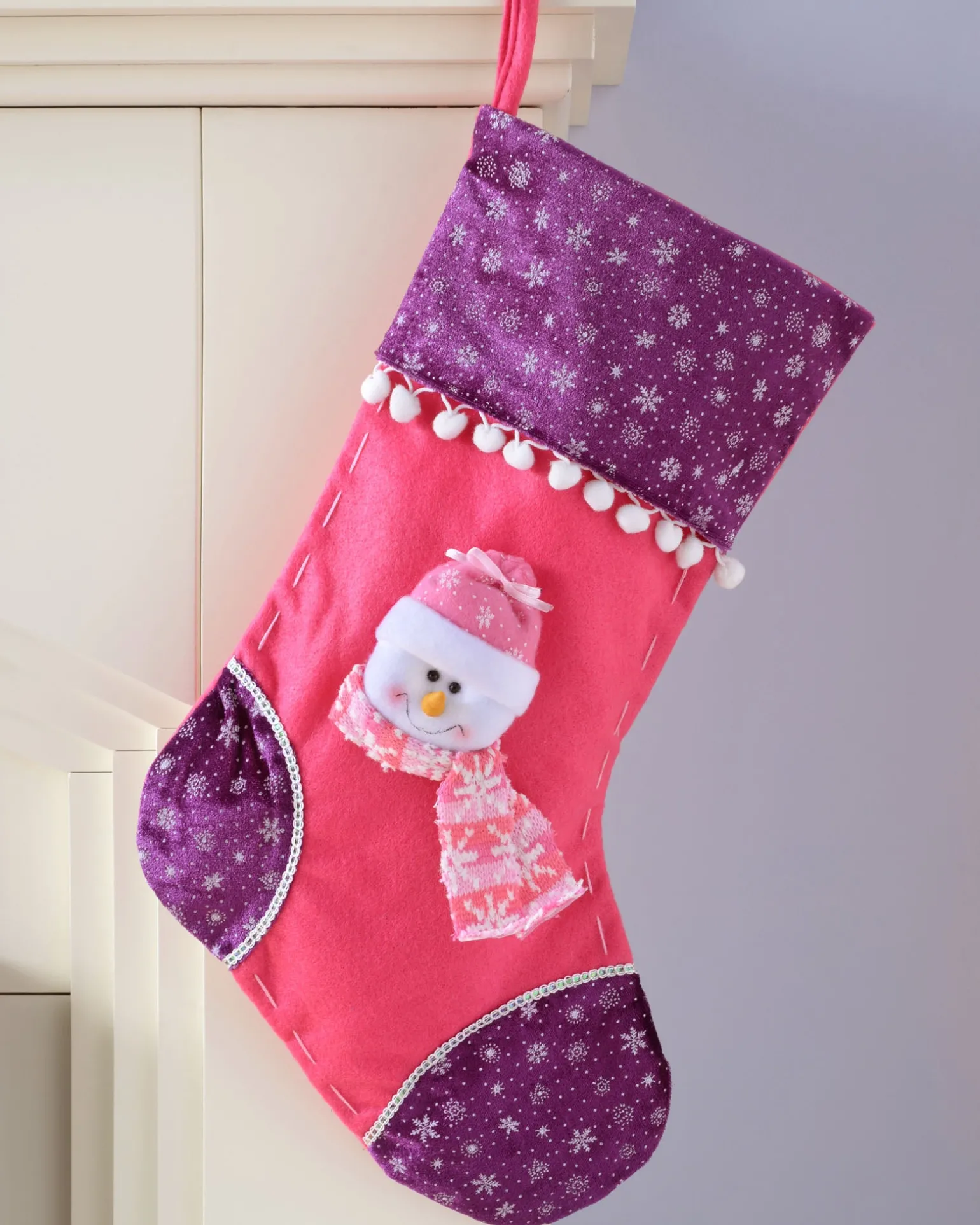 Snowman Stocking, Pink/Purple, 48 Cm