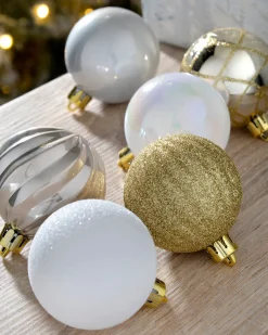 White/Gold Shatterproof Baubles, 48 Pack, 6 Cm