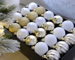 White/Gold Shatterproof Baubles, 48 Pack, 6 Cm