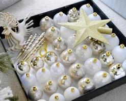 White/Gold Shatterproof Baubles Set, 50 Pack