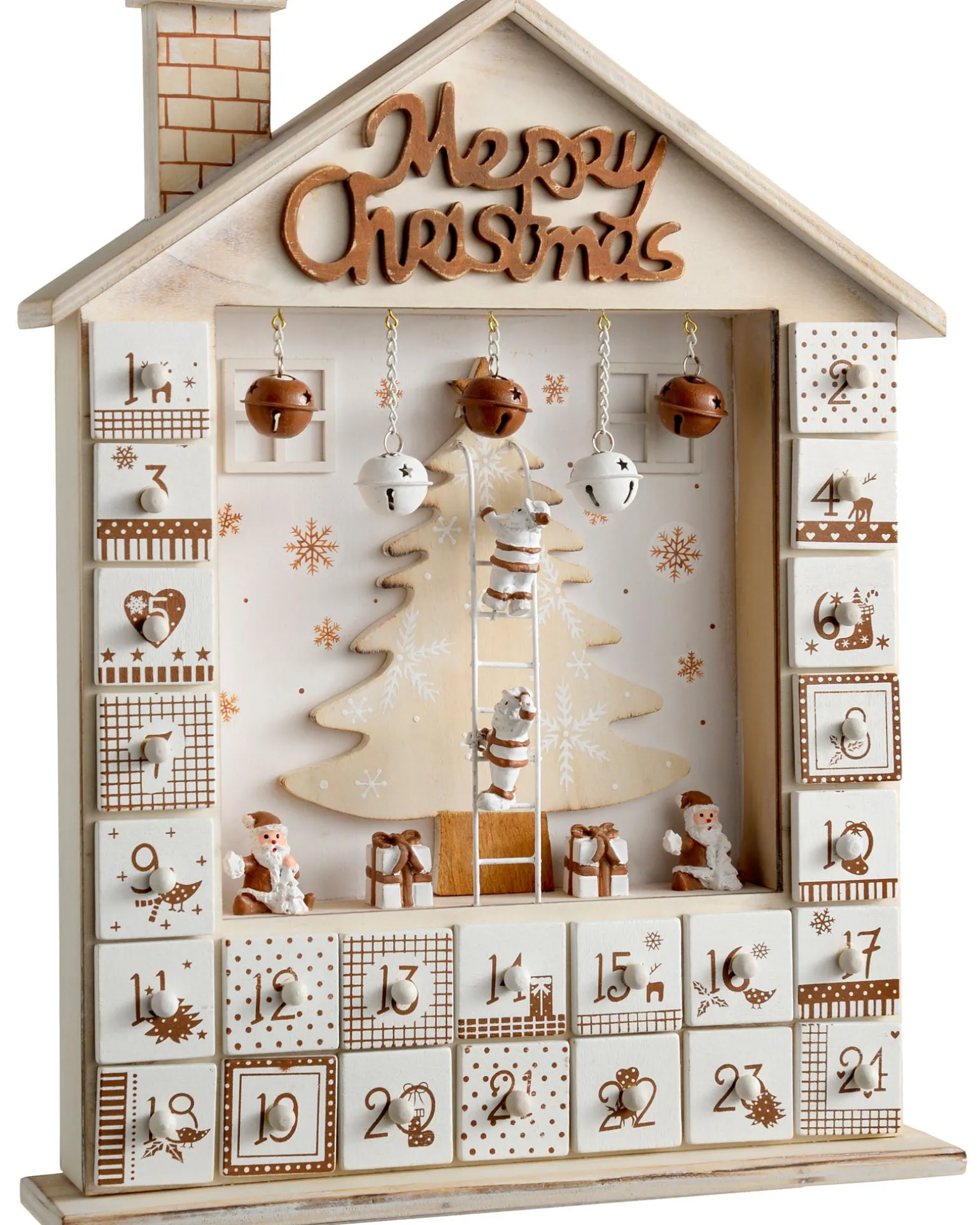 Wooden House Advent Calendar Christmas Decoration, 37cm, Beige