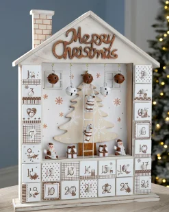 Wooden House Advent Calendar Christmas Decoration, 37cm, Beige