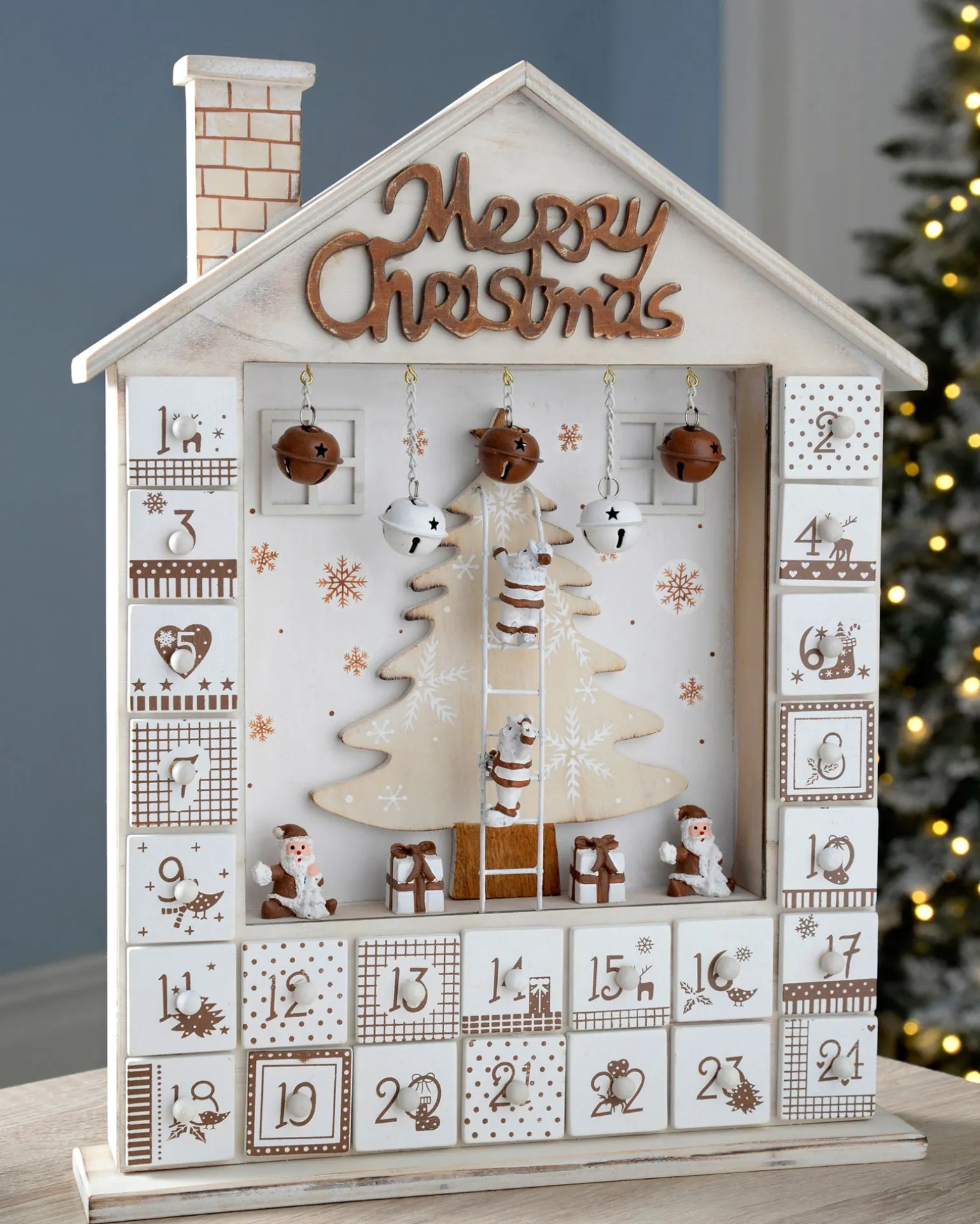 Wooden House Advent Calendar Christmas Decoration, 37cm, Beige